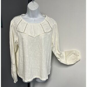 Lands End Women's‎ Large Gauzy Ivory Pullover Top Pleats Boho Long Sleeve Cutout